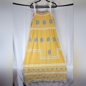 Misslook Maxi Boho Dress Yellow Southwestern Lace Trim Midi Sleeveless Sz M NWOT